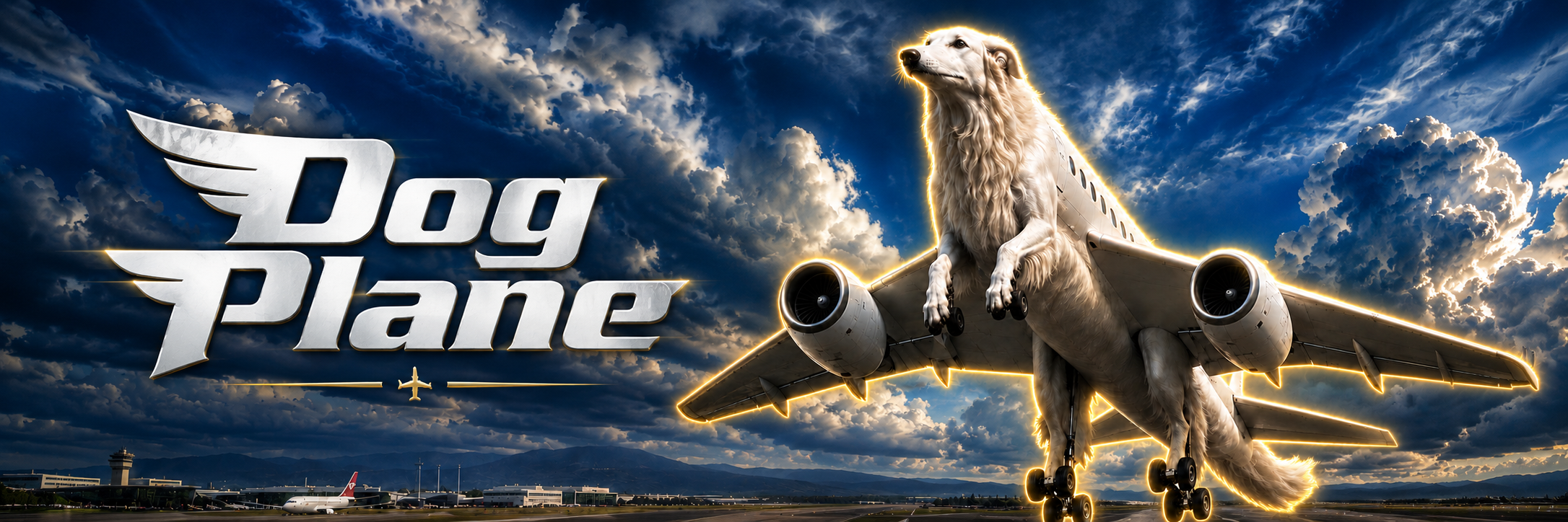 Dog Plane banner — soaring through golden clouds